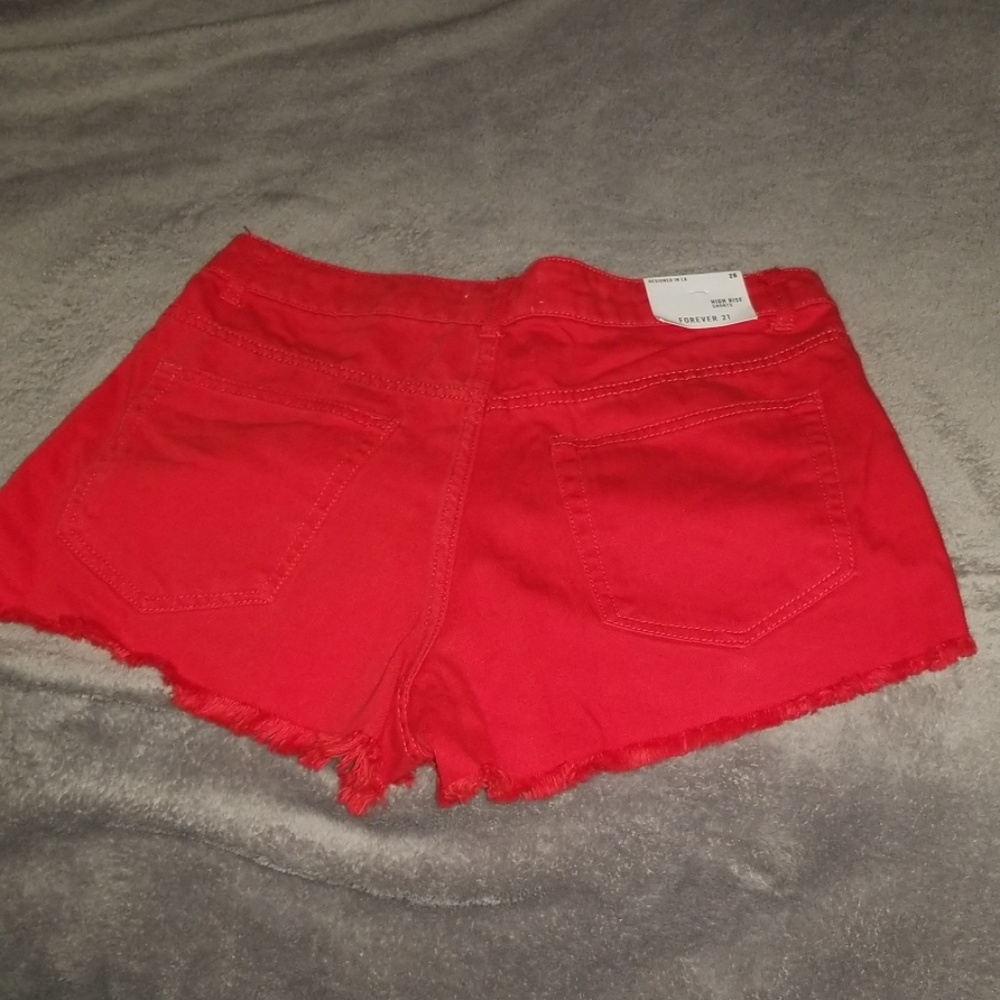 New red denim cutoffs